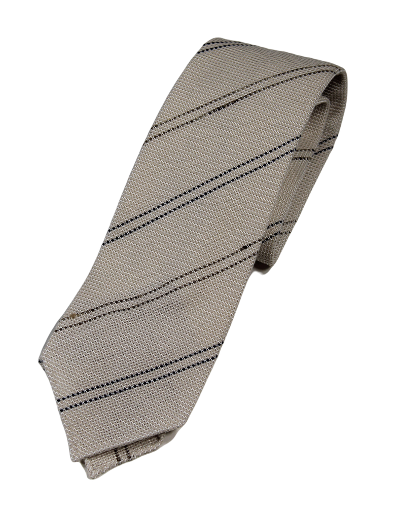 Drake's – Beige Grenadine Silk/Linen Tie w/Navy & Olive Repp Stripe