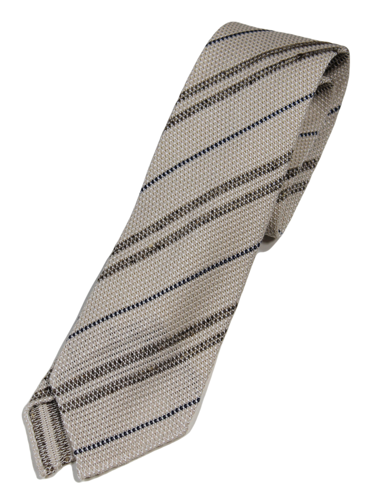 Drake's – Off-White Grenadine Silk/Linen Tie w/Navy & Olive Repp Stripe