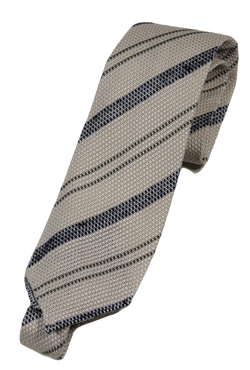 Drake's – Beige Grenadine Silk Tie w/Navy & Olive Repp Stripe