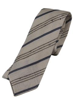 Drake's – Beige Grenadine Silk/Linen Tie w/Navy & Olive Repp Stripe