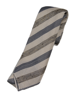 Drake's – Off-White Grenadine Silk/Linen Tie w/Navy & Olive Repp Stripe