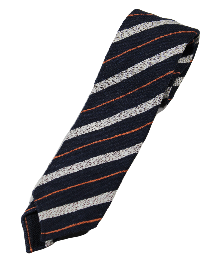 Drake's – Navy Raw Silk Tie w/Orange & Off-White Repp Stripe