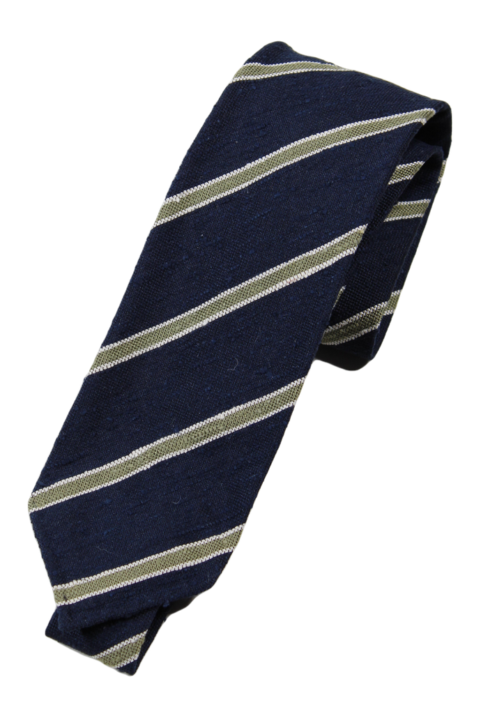 Drake's – Navy Raw Silk Tie w/Olive & Off-White Repp Stripe