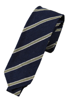 Drake's – Navy Raw Silk Tie w/Olive & Off-White Repp Stripe
