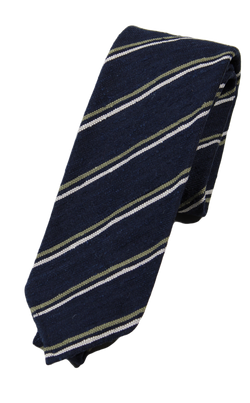 Drake's – Navy Raw Silk Tie w/Dual Olive & Off-White Repp Stripe