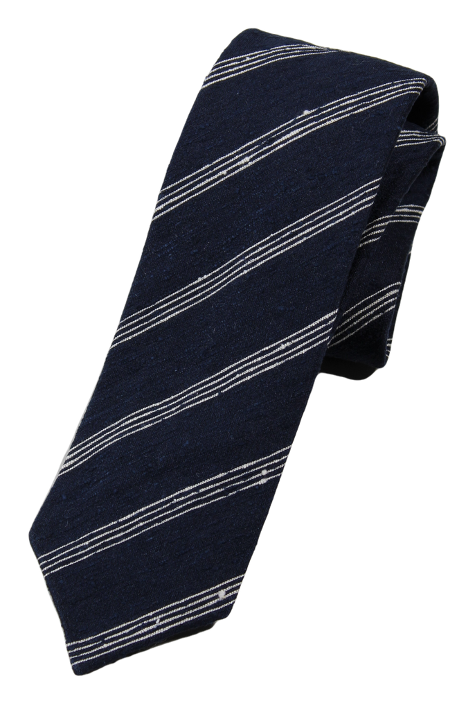 Drake's – Navy Raw Silk Tie w/White Repp Stripe