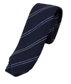 Drake's – Navy Silk/Linen Grenadine Tie w/Blue & Off-White Repp Stripe