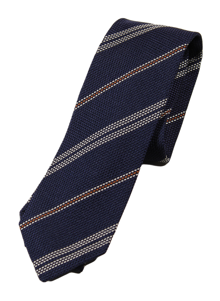 Drake's – Navy Grenadine Silk Tie w/Off-White & Orange Repp Stripe