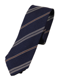 Drake's – Navy Grenadine Silk Tie w/Off-White & Orange Repp Stripe
