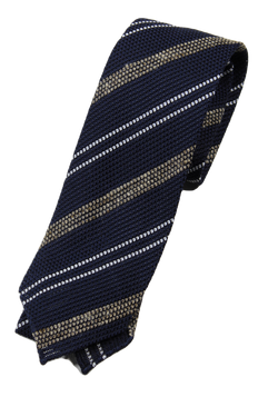 Drake's – Navy Grenadine Silk/Linen Tie w/Olive & Off-White Repp Stripe
