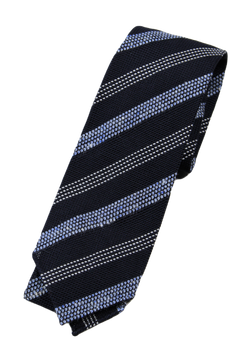 Drake's – Navy Grenadine Silk/Linen Tie w/Blue & Off-White Repp Stripe