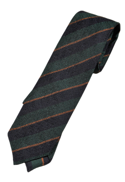 Drake's – Forest Green Grenadine Silk Tie w/Navy & Orange Regimental Stripe