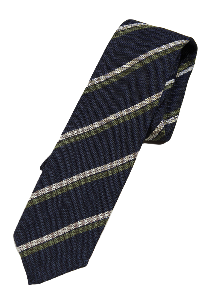 Drake's – Navy Grenadine Silk Tie w/Off-White & Olive Repp Stripe