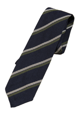 Drake's – Navy Grenadine Silk Tie w/Off-White & Olive Repp Stripe