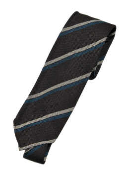 Drake's – Brown Grenadine Silk Tie w/Blue & Off-White Repp Stripe