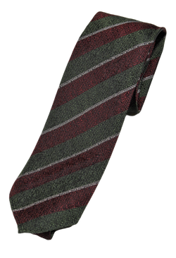Drake's – Olive Grenadine Silk Tie w/Red & Silver Regimental Stripe