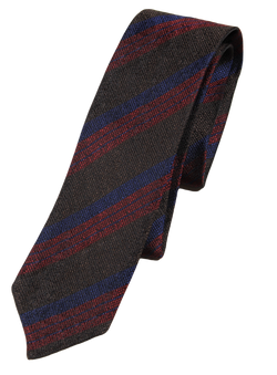 Drake's – Brown Grenadine Silk Tie w/Red & Blue Regimental Stripe