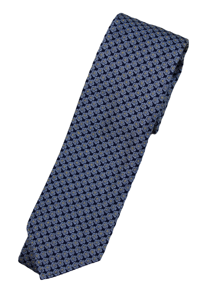 Drake's – Navy Silk Tie w/Light Blue Flower Design