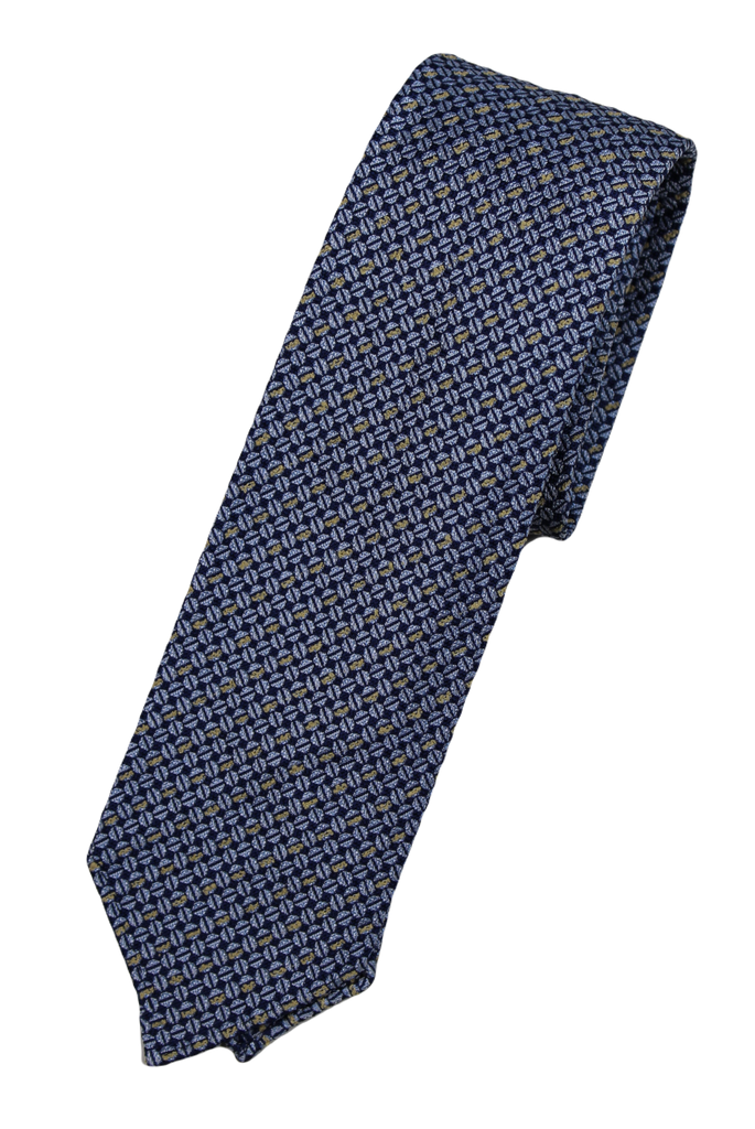 Drake's – Navy Silk Tie w/Light Blue & Yellow Geometric Pattern