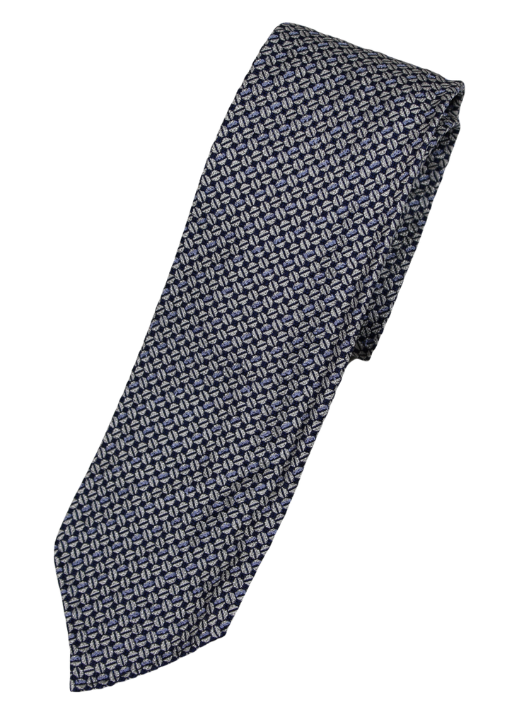 Drake's – Navy Silk Tie w/Gray & Light Blue Geometric Pattern