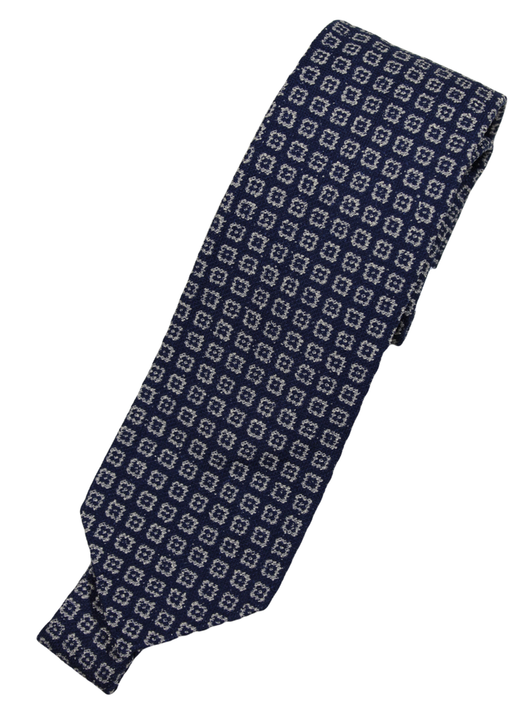 Drake's – Navy Knit Silk/Cotton Tie w/Gray Ancient Madder Pattern