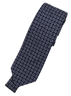Drake's – Navy Knit Silk/Cotton Tie w/Gray Ancient Madder Pattern