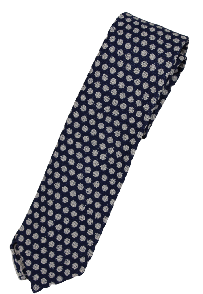 Drake's – Navy Knit Silk/Cotton Tie w/Gray Circle Pattern