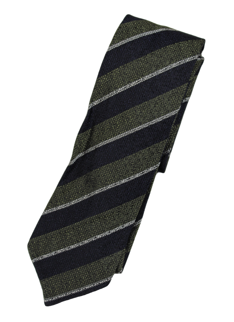 Drake's – Olive & Navy Grenadine Silk Tie w/Regimental Stripe