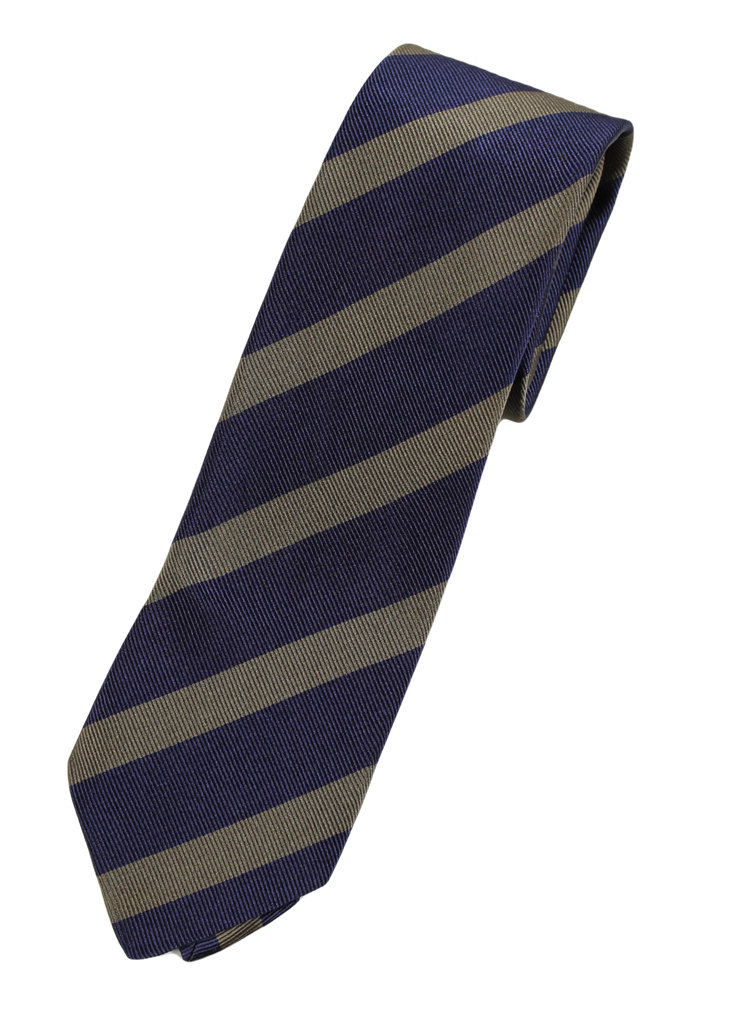 Drake's – Navy & Olive Regimental Stripe Silk Tie