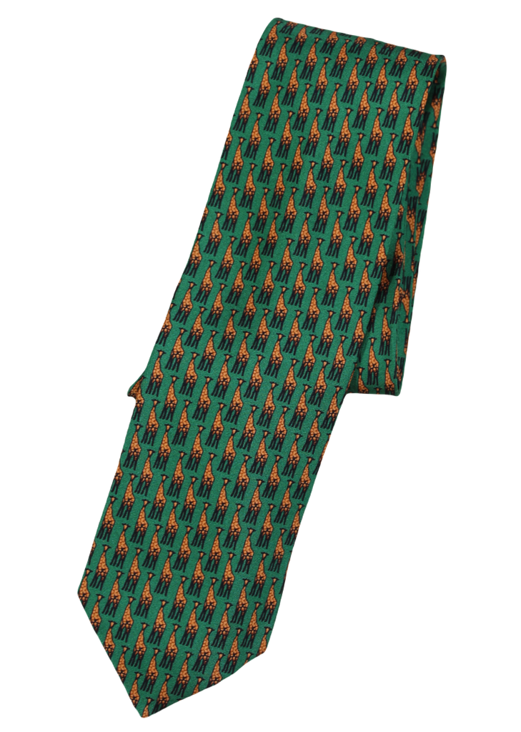 Drake's – Green Silk Tie w/Orange Giraffe Pattern