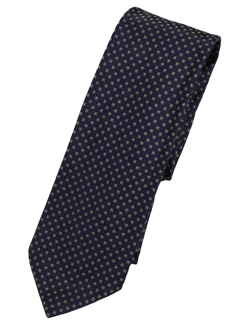 Drake's – Navy Silk Tie w/Yellow & Silver Geometric Pattern (Long)