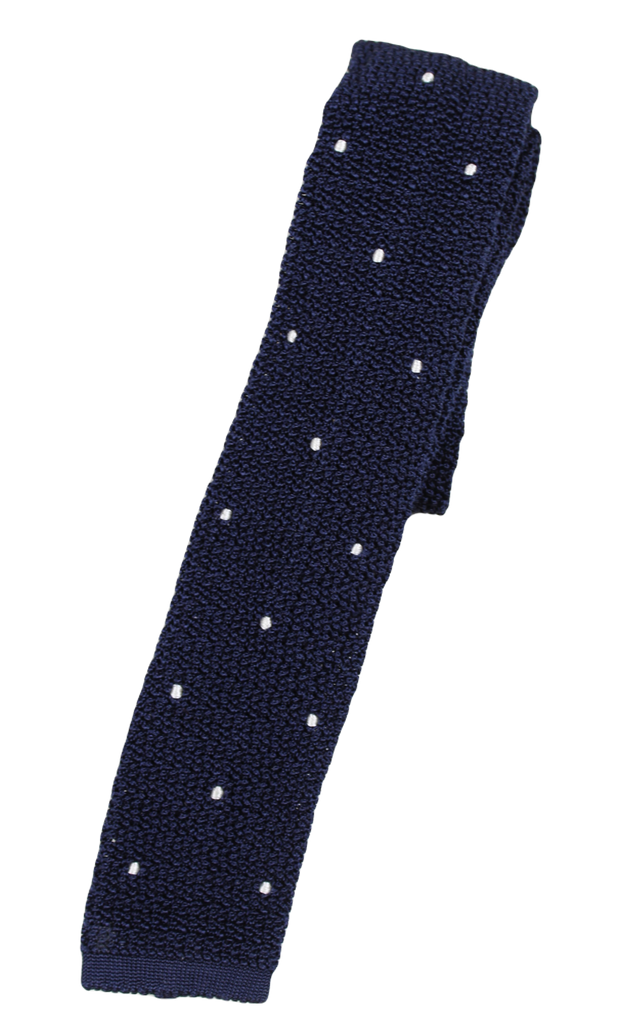 Drake's – Navy Knit Silk Tie w/Polka Dot Pattern