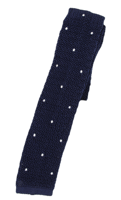 Drake's – Navy Knit Silk Tie w/Polka Dot Pattern