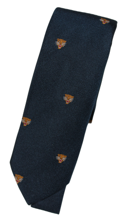 Drake's – Navy Grosgrain Silk Tie w/Orange Embroidered Tiger Pattern