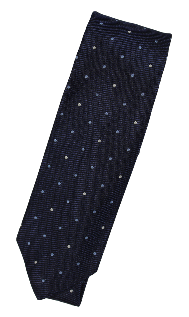 Drake's – Navy Silk Tie w/Blue & Gray Polka Dot Pattern