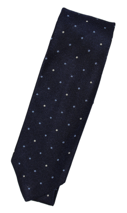 Drake's – Navy Silk Tie w/Blue & Gray Polka Dot Pattern