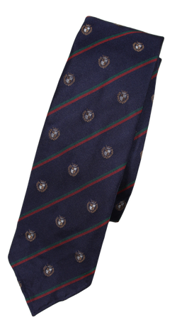 Drake's – Navy Silk Tie w/Repp Stripe and Crest Pattern