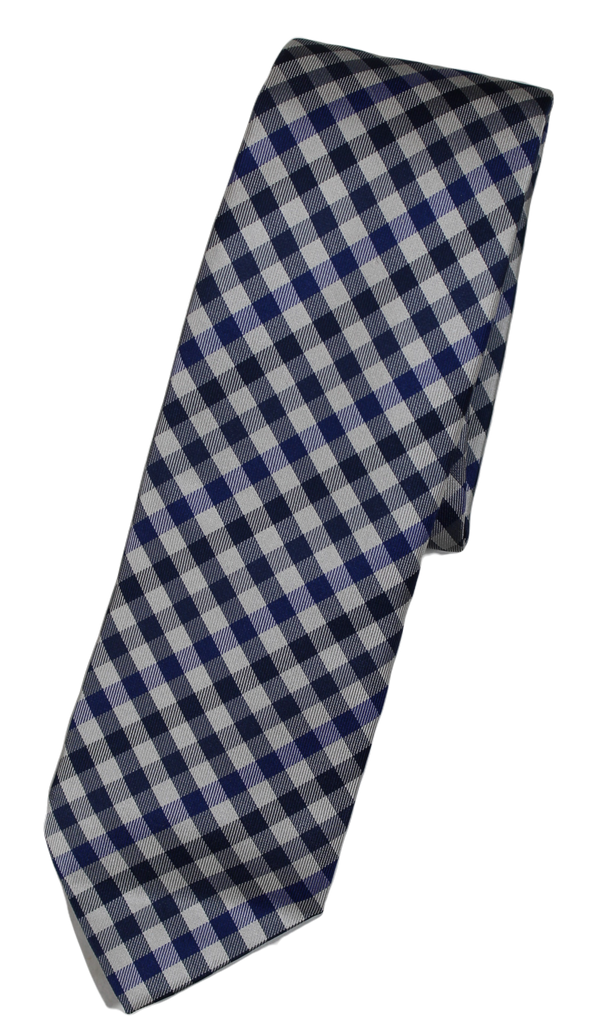Drake's – Gray, Blue & Navy Gingham Plaid Silk Tie