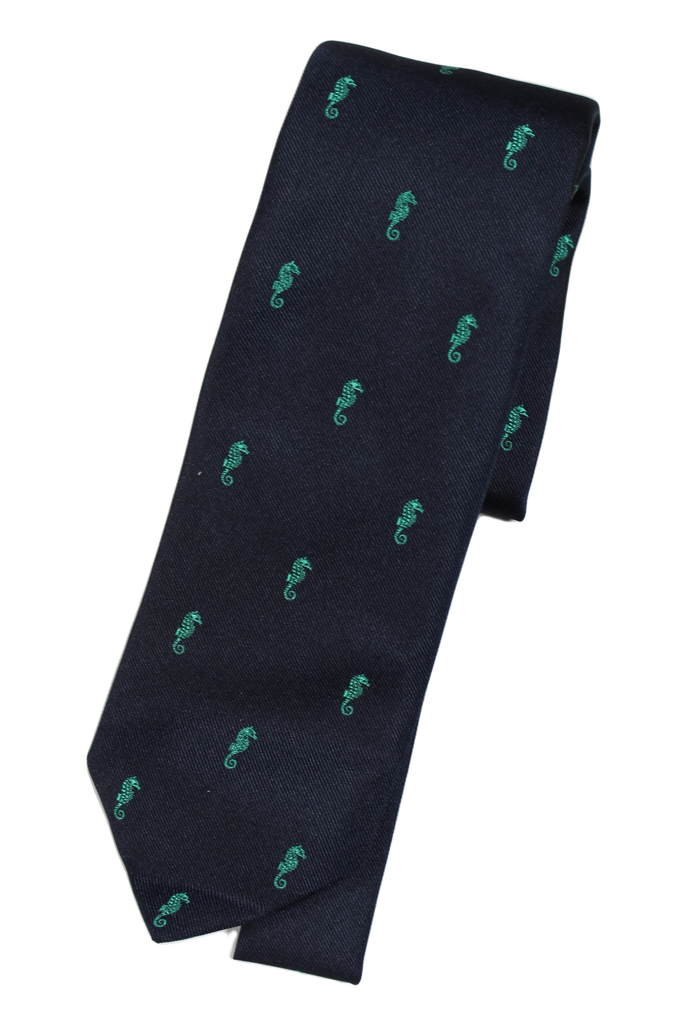 Drake's – Navy Grosgrain Silk Tie w/Green Seahorse Design