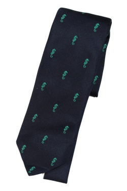 Drake's – Navy Grosgrain Silk Tie w/Green Seahorse Design