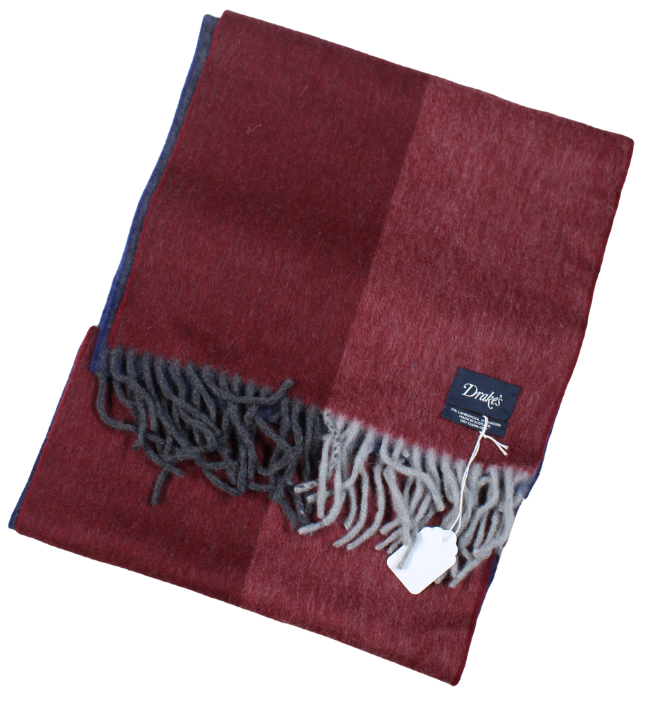 Drake's – Dual-Sided Red/Gray/Blue Wool/Angora Scarf [FS]