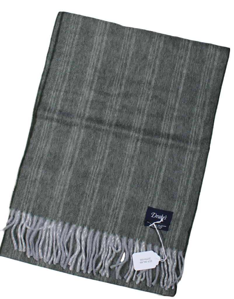 Drake's – Green-Gray Wool/Angora Scarf w/Faded Stripe Pattern [FS]