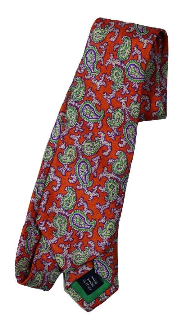 VTG – Polo Ralph Lauren – Orange Silk Tie w/Purple & Green Paisley Print