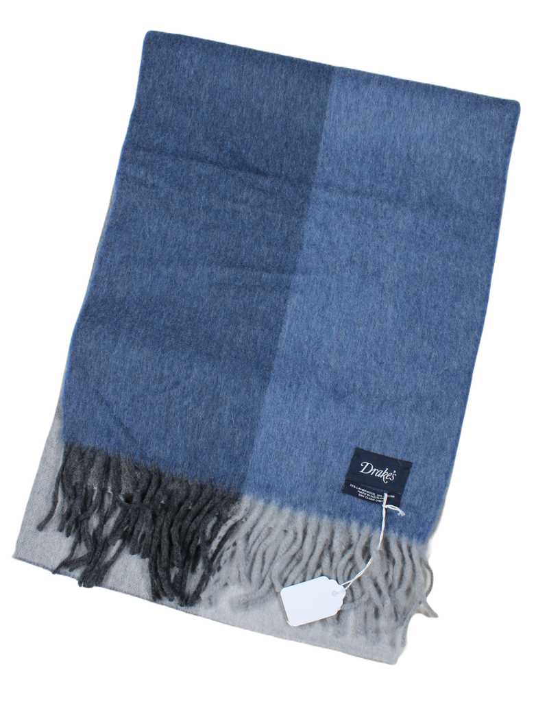 Drake's – Dual Sided, Color Blocked Blue/Gray Wool/Angora Scarf