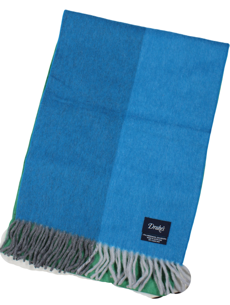 Drake's – Dual Sided, Color Blocked Blue/Green Wool/Angora Scarf