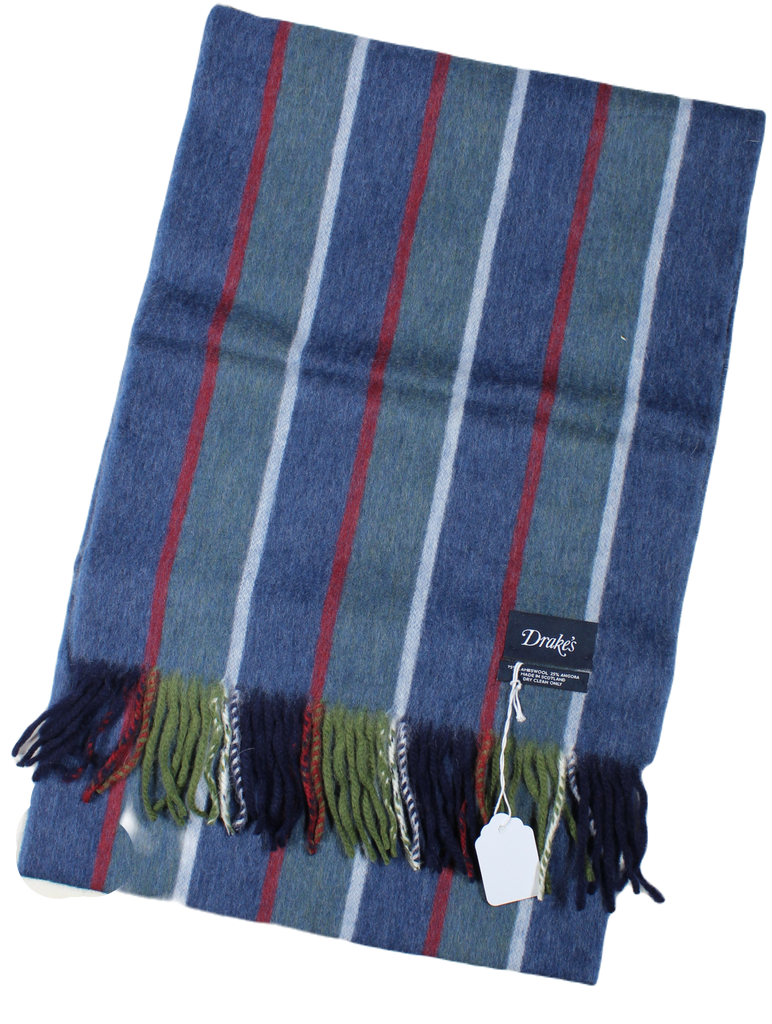 Drake's – Dual Sided Blue & Navy/Green Stripe Wool/Angora Scarf
