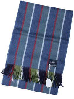 Drake's – Dual Sided Blue & Navy/Green Stripe Wool/Angora Scarf