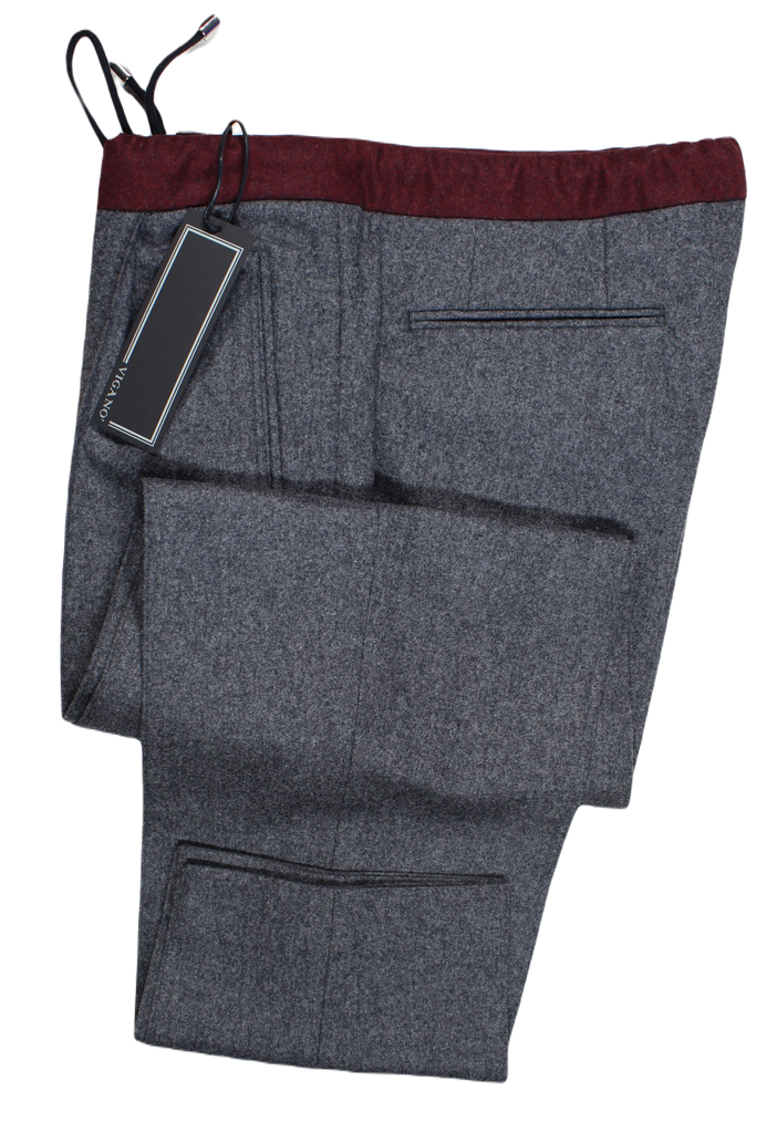 Vigano – Gray Wool Flannel Pants w/Drawstring Waist & Contrast Waistband