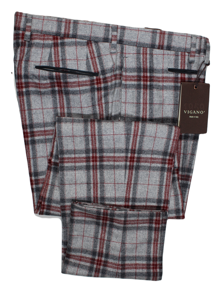 Vigano – Light Gray Wool Flannel Pants w/Gray & Red Plaid Pattern
