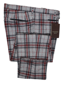 Vigano – Light Gray Wool Flannel Pants w/Gray & Red Plaid Pattern